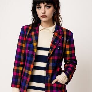 Vtg 80s Rainbow Plaid Rhinestone Womens Blazer Jacket Medium Colorful Whimsical